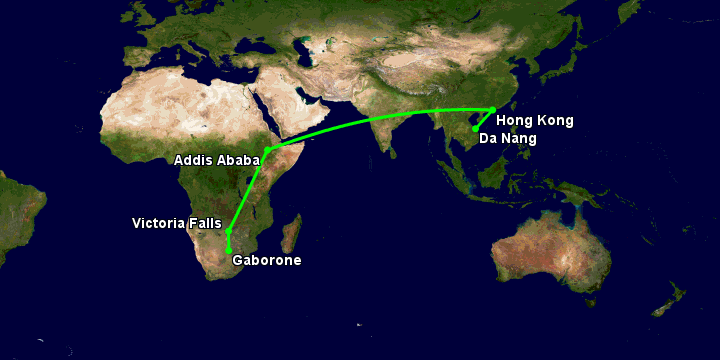 Bay từ Đà Nẵng đến Gaborone qua Hong Kong, Addis Ababa, Victoria Falls