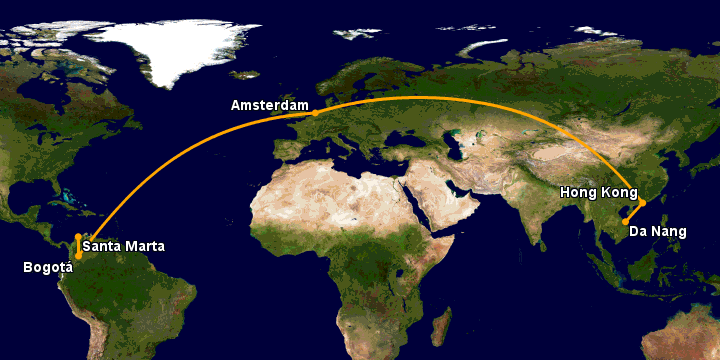 Bay từ Đà Nẵng đến Santa Marta qua Hong Kong, Amsterdam, Bogotá