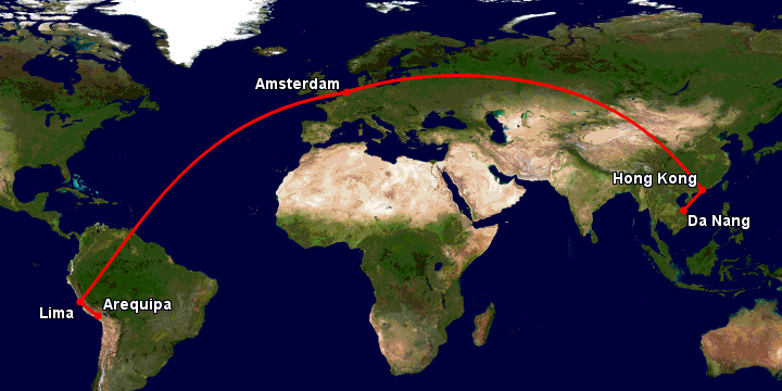 Bay từ Đà Nẵng đến Arequipa qua Hong Kong, Amsterdam, Lima