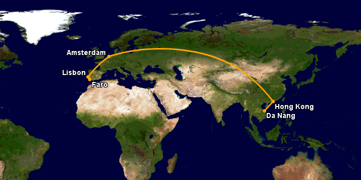 Bay từ Đà Nẵng đến Faro Pt qua Hong Kong, Amsterdam, Lisbon