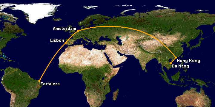 Bay từ Đà Nẵng đến Fortaleza qua Hong Kong, Amsterdam, Lisbon