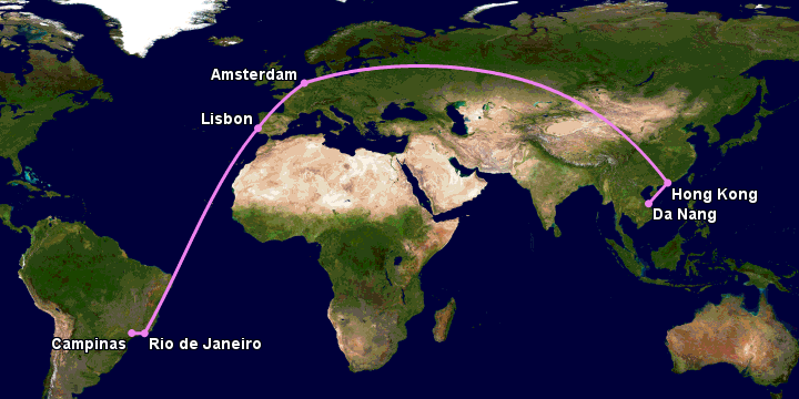 Bay từ Đà Nẵng đến Campinas qua Hong Kong, Amsterdam, Lisbon, Rio de Janeiro