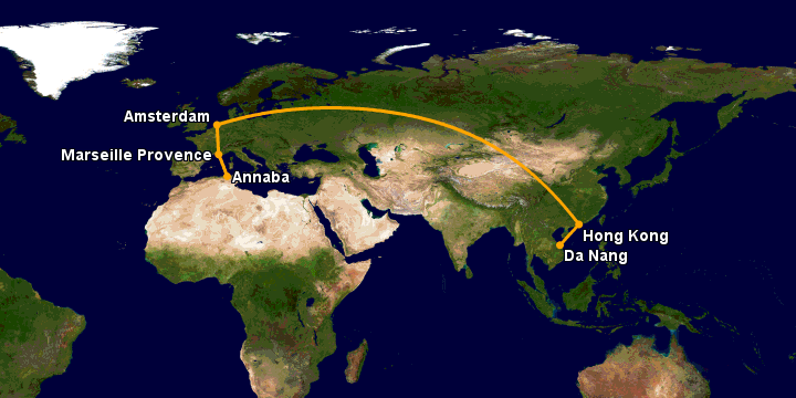 Bay từ Đà Nẵng đến Annaba qua Hong Kong, Amsterdam, Marseille
