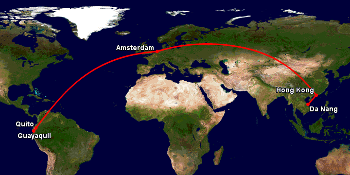 Bay từ Đà Nẵng đến Guayaquil qua Hong Kong, Amsterdam, Quito