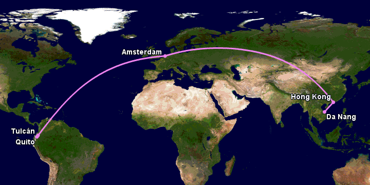 Bay từ Đà Nẵng đến Tulcan qua Hong Kong, Amsterdam, Quito
