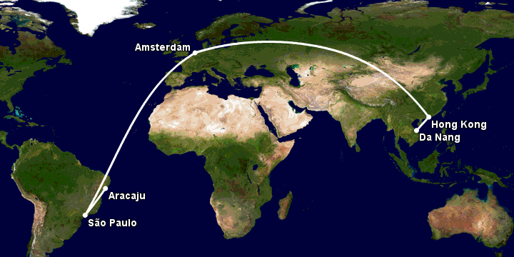 Bay từ Đà Nẵng đến Aracaju qua Hong Kong, Amsterdam, Sao Paulo