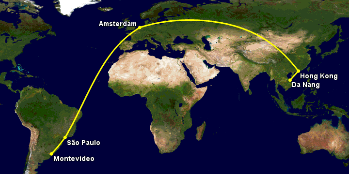 Bay từ Đà Nẵng đến Montevideo qua Hong Kong, Amsterdam, Sao Paulo