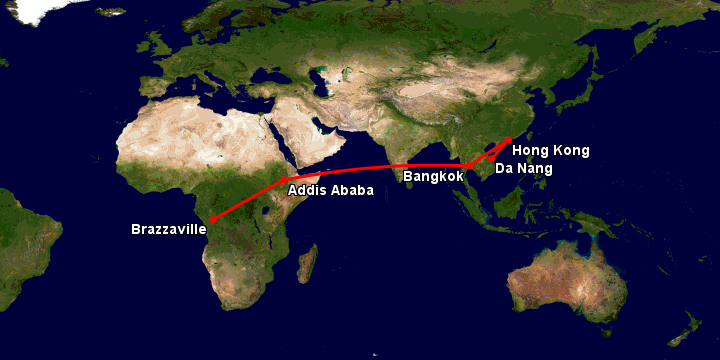 Bay từ Đà Nẵng đến Brazzaville qua Hong Kong, Bangkok, Addis Ababa