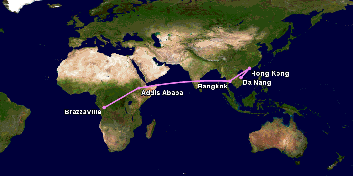 Bay từ Đà Nẵng đến Brazzaville qua Hong Kong, Bangkok, Addis Ababa