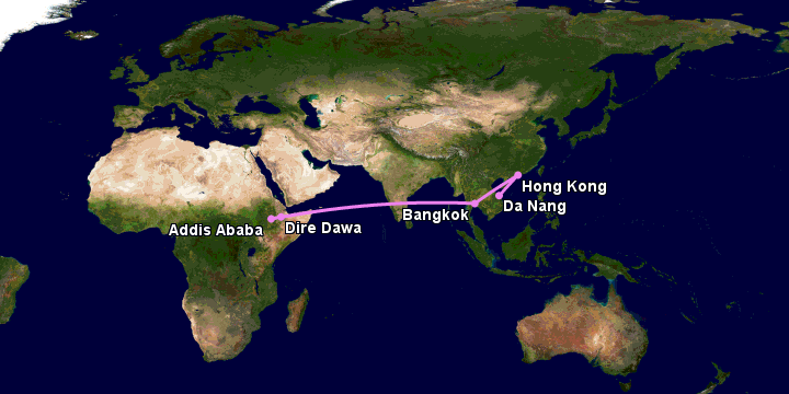 Bay từ Đà Nẵng đến Dire Dawa qua Hong Kong, Bangkok, Addis Ababa