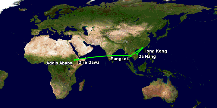 Bay từ Đà Nẵng đến Dire Dawa qua Hong Kong, Bangkok, Addis Ababa