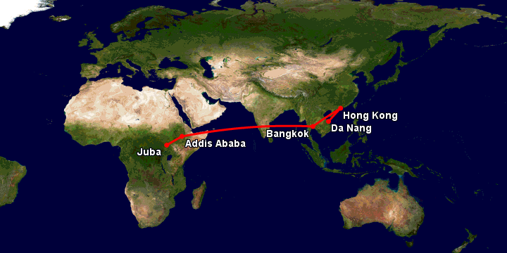 Bay từ Đà Nẵng đến Juba qua Hong Kong, Bangkok, Addis Ababa