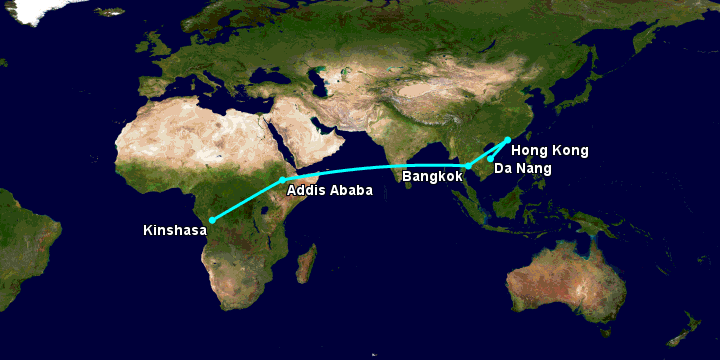 Bay từ Đà Nẵng đến Kinshasa Ndjili qua Hong Kong, Bangkok, Addis Ababa