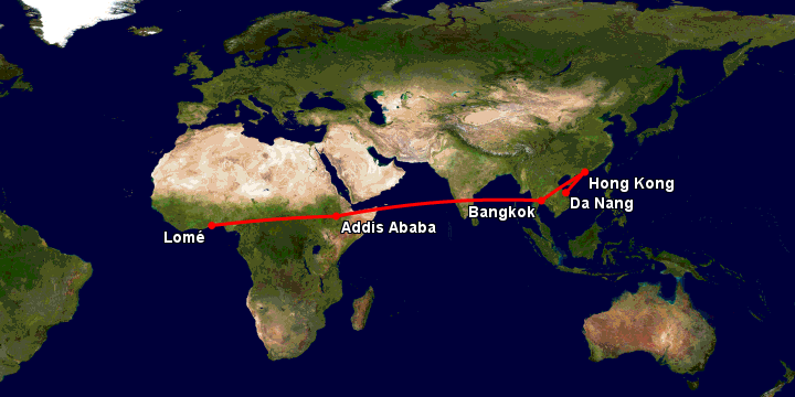 Bay từ Đà Nẵng đến Lome qua Hong Kong, Bangkok, Addis Ababa