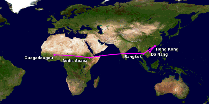 Bay từ Đà Nẵng đến Ouagadougou qua Hong Kong, Bangkok, Addis Ababa