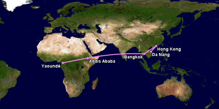 Bay từ Đà Nẵng đến Yaounde qua Hong Kong, Bangkok, Addis Ababa