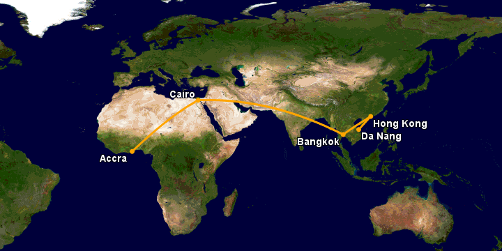 Bay từ Đà Nẵng đến Accra qua Hong Kong, Bangkok, Cairo