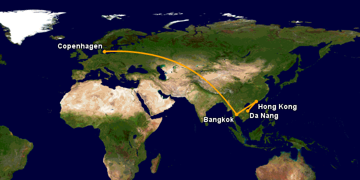 Bay từ Đà Nẵng đến Copenhagen qua Hong Kong, Bangkok