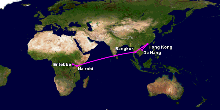 Bay từ Đà Nẵng đến Entebbe qua Hong Kong, Bangkok, Nairobi