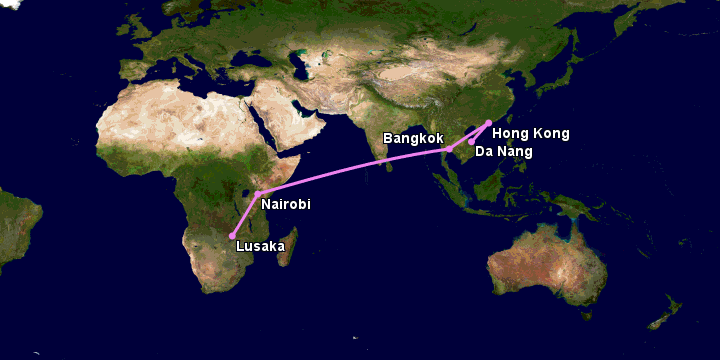 Bay từ Đà Nẵng đến Lusaka qua Hong Kong, Bangkok, Nairobi