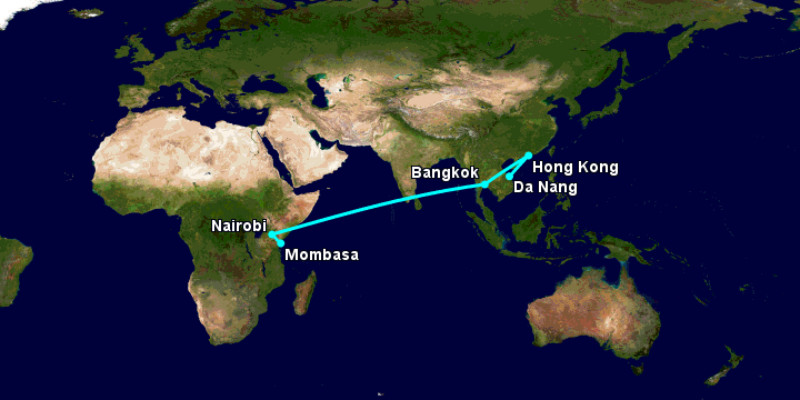 Bay từ Đà Nẵng đến Mombasa qua Hong Kong, Bangkok, Nairobi