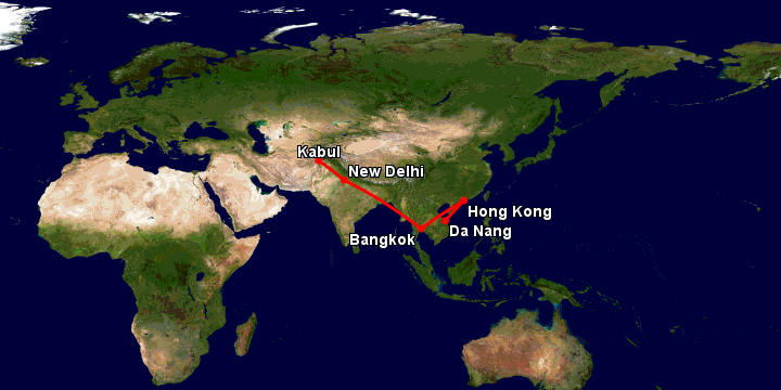 Bay từ Đà Nẵng đến Kabul qua Hong Kong, Bangkok, New Delhi