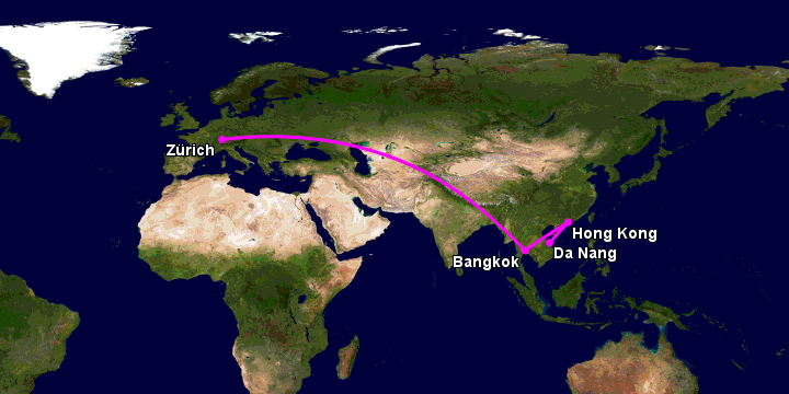 Bay từ Đà Nẵng đến Zurich qua Hong Kong, Bangkok