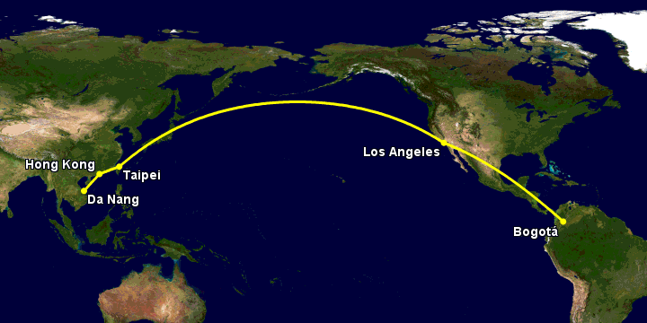 Bay từ Đà Nẵng đến Bogota qua Hong Kong, Đài Bắc, Los Angeles