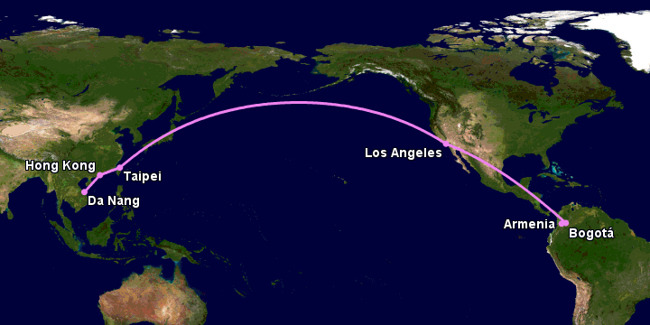 Bay từ Đà Nẵng đến Armenia qua Hong Kong, Đài Bắc, Los Angeles, Bogotá