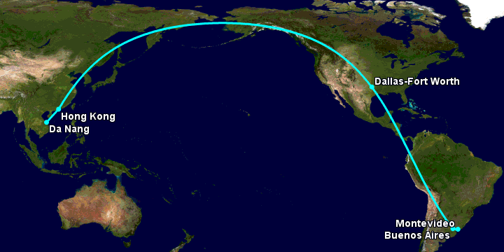 Bay từ Đà Nẵng đến Montevideo qua Hong Kong, Dallas, Buenos Aires