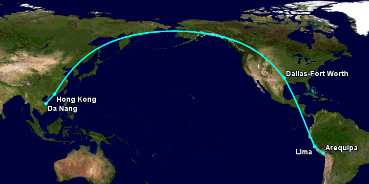 Bay từ Đà Nẵng đến Arequipa qua Hong Kong, Dallas, Lima