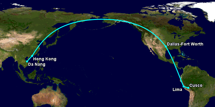 Bay từ Đà Nẵng đến Cuzco qua Hong Kong, Dallas, Lima