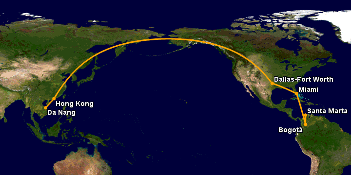 Bay từ Đà Nẵng đến Santa Marta qua Hong Kong, Dallas, Miami, Bogotá