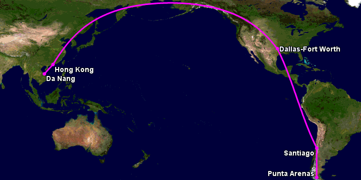 Bay từ Đà Nẵng đến Punta Arenas qua Hong Kong, Dallas, Santiago