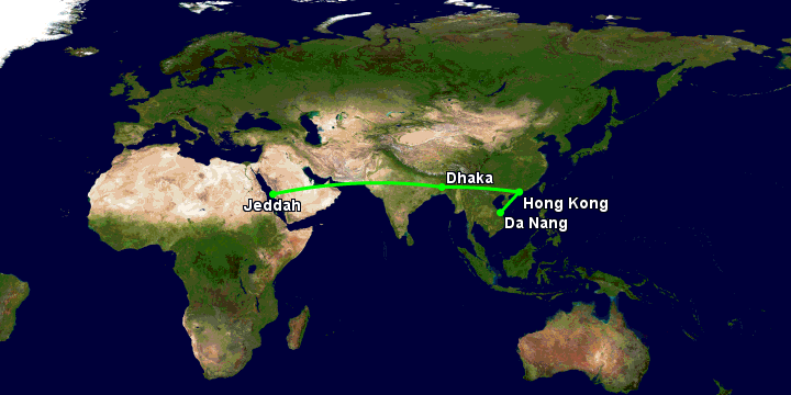 Bay từ Đà Nẵng đến Jeddah qua Hong Kong, Dhaka