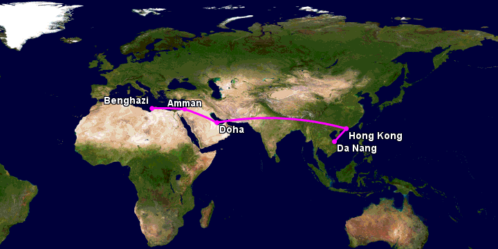 Bay từ Đà Nẵng đến Benghazi qua Hong Kong, Doha, Amman