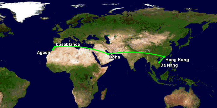 Bay từ Đà Nẵng đến Agadir qua Hong Kong, Doha, Casablanca