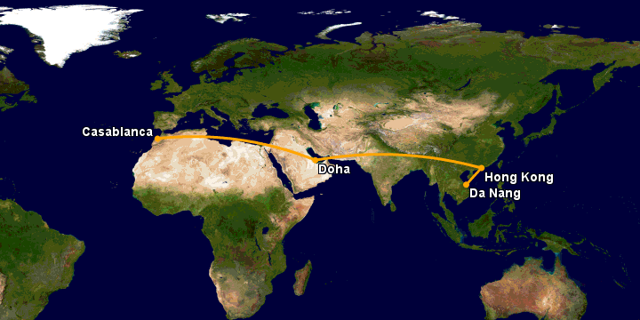Bay từ Đà Nẵng đến Casablanca Cmn qua Hong Kong, Doha