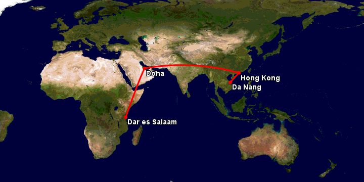 Bay từ Đà Nẵng đến Dar Es Salaam qua Hong Kong, Doha