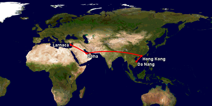 Bay từ Đà Nẵng đến Larnaca qua Hong Kong, Doha