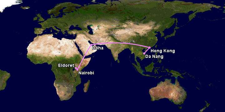 Bay từ Đà Nẵng đến Eldoret qua Hong Kong, Doha, Nairobi