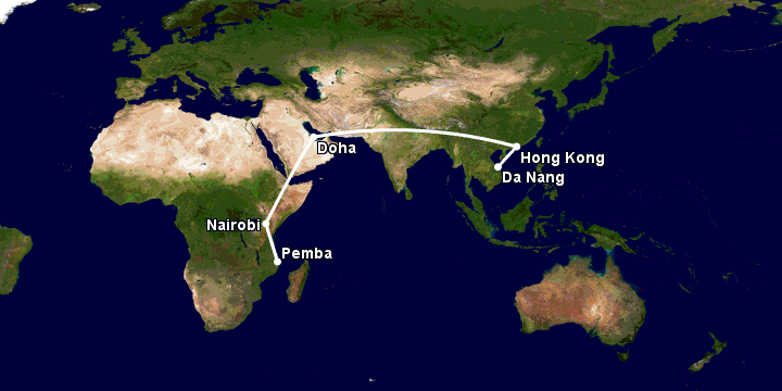 Bay từ Đà Nẵng đến Pemba qua Hong Kong, Doha, Nairobi