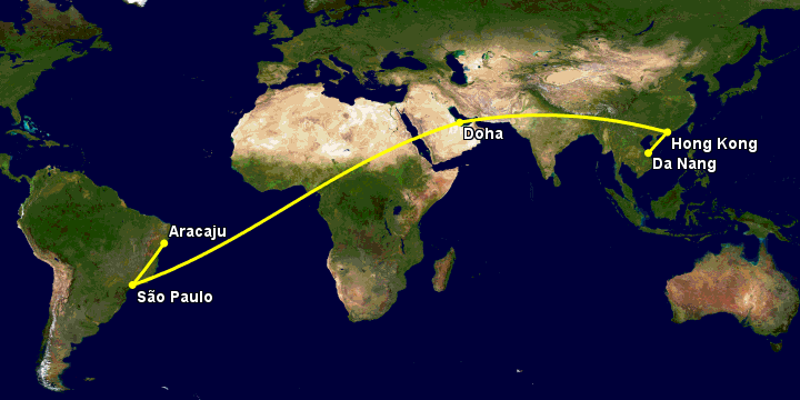 Bay từ Đà Nẵng đến Aracaju qua Hong Kong, Doha, Sao Paulo