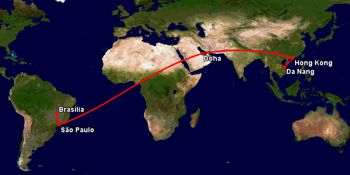 Bay từ Đà Nẵng đến Brasilia qua Hong Kong, Doha, Sao Paulo