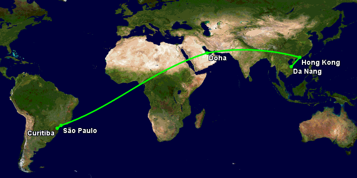 Bay từ Đà Nẵng đến Curitiba qua Hong Kong, Doha, Sao Paulo
