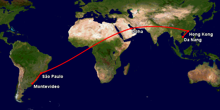Bay từ Đà Nẵng đến Montevideo qua Hong Kong, Doha, Sao Paulo