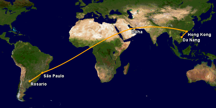 Bay từ Đà Nẵng đến Rosario qua Hong Kong, Doha, Sao Paulo