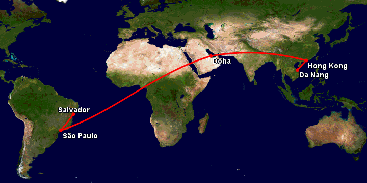 Bay từ Đà Nẵng đến Salvador qua Hong Kong, Doha, Sao Paulo