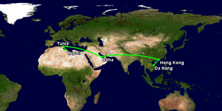 Bay từ Đà Nẵng đến Tripoli qua Hong Kong, Doha, Tunis