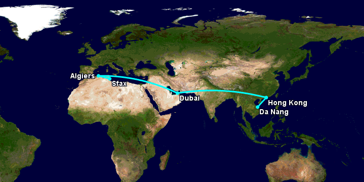 Bay từ Đà Nẵng đến Sfax qua Hong Kong, Dubai, Algiers